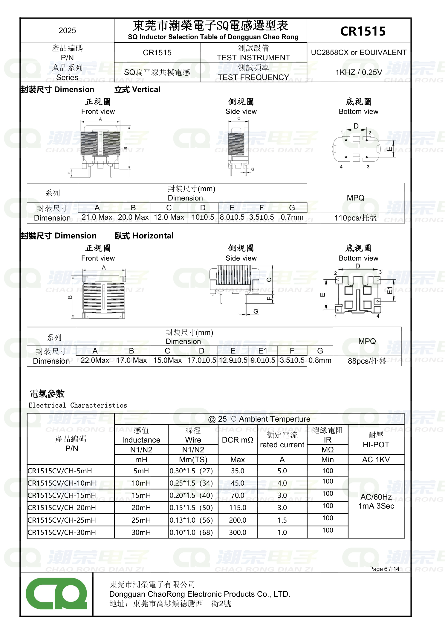 SQ共模电感选型表 CR1515 尺寸规格 Dimension