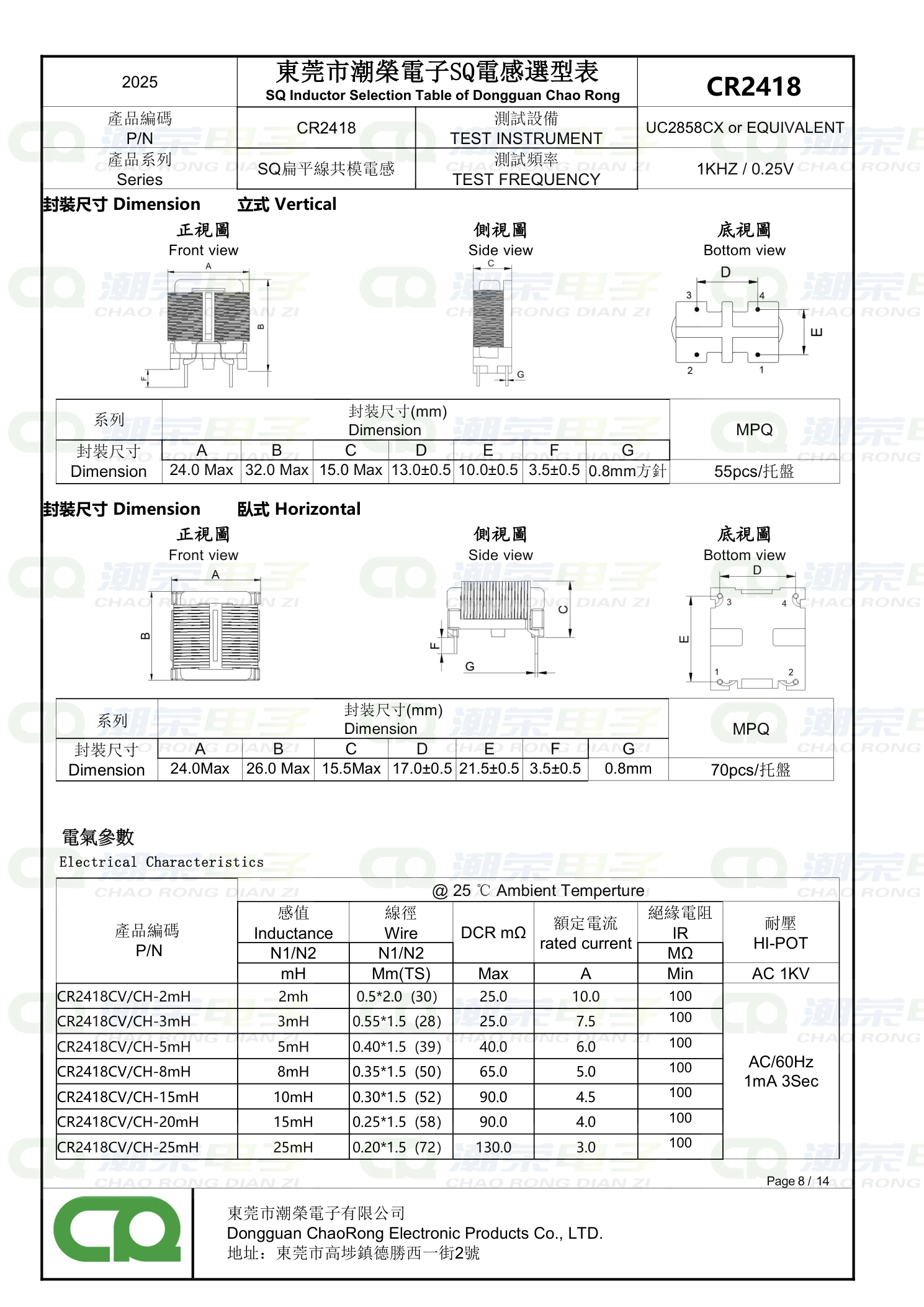 SQ共模电感选型表 CR2418 尺寸规格 Dimension