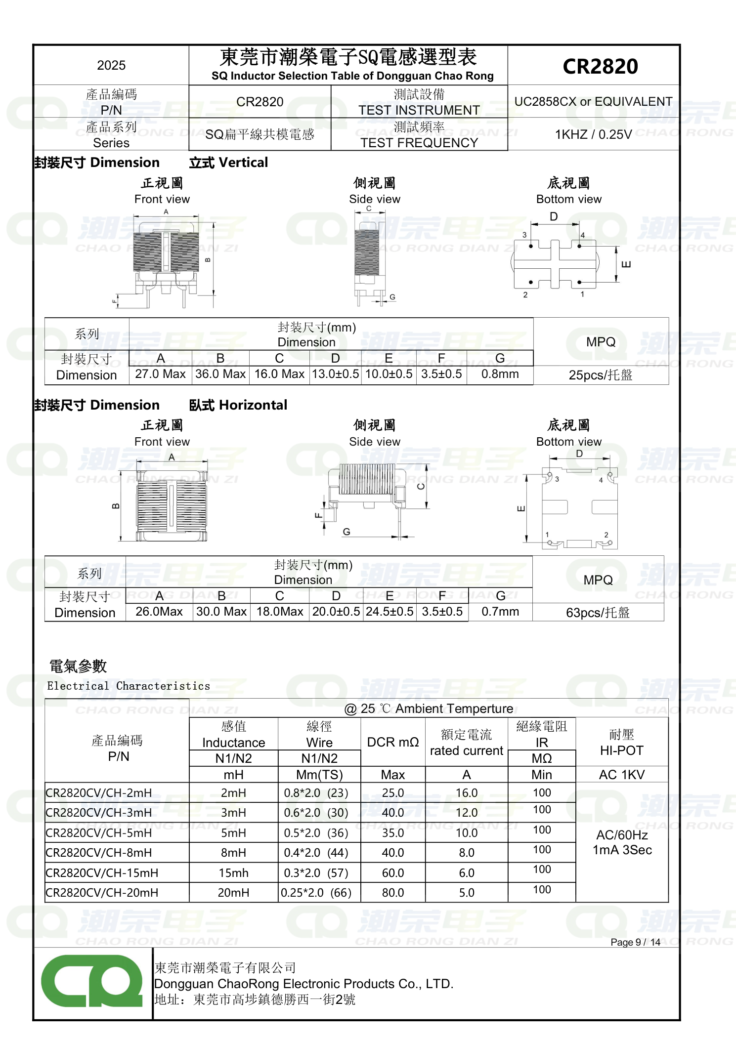 SQ共模电感选型表 CR2820 尺寸规格 Dimension
