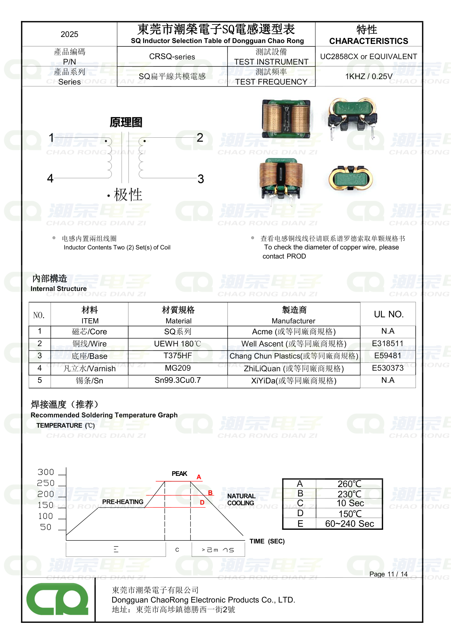 SQ共模电感选型表 内部结构与焊接温度 Internal Structure & Soldering