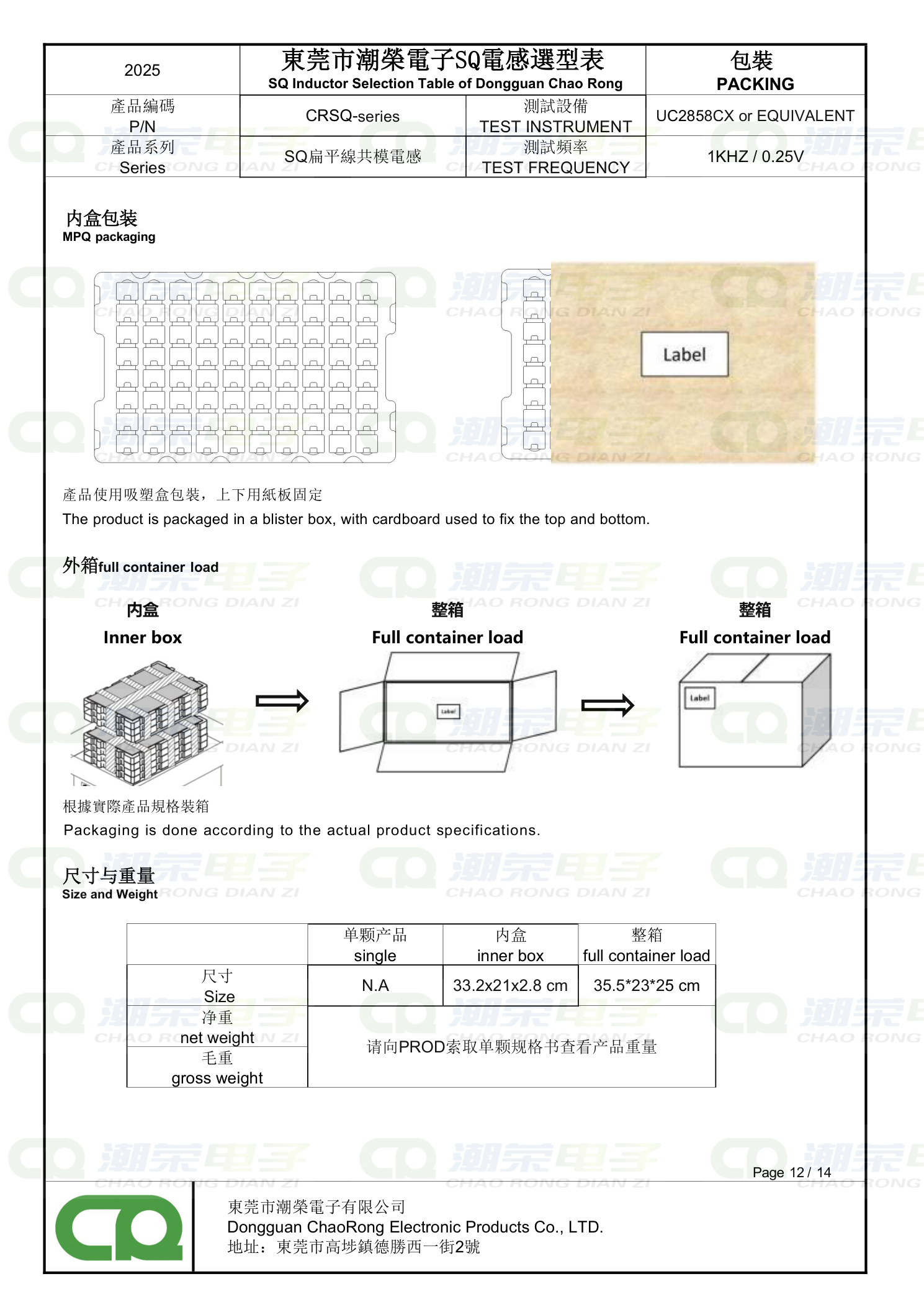 SQ共模电感选型表 包装信息 Packing